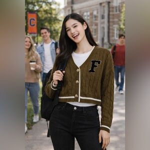 Streetwear Society Letter F Brown White Trim Cropped Cable Knit Oxford Cardigan